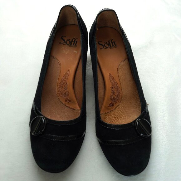 SOFFT Black Suede Low Heel Pumps Patent‎ Detail Leather Lined Size 8M - Picture 2 of 7